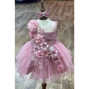 Mauve, Tulle, Flowers adorned with pearls and Sequins, Baby dress, Size small.